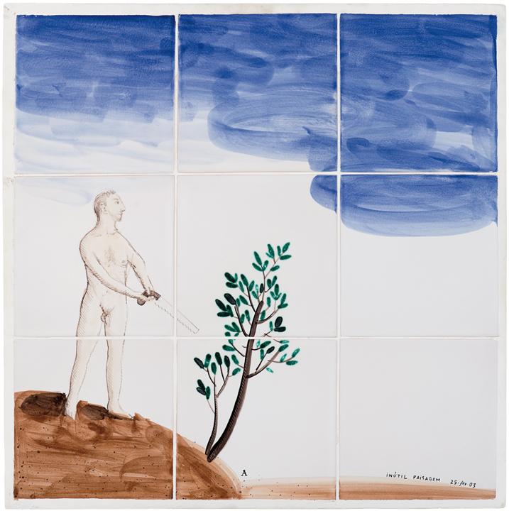[Alexandro Júlio de Oliveira Cerveny] São Paulo – SP, 1963<br><i> Inútil Paisagem</i><br>  pintura sobre azulejos<br> 48 × 48 cm, 2003<br> Cortesia Galeria Casa <br>Triângulo, São Paulo - SP