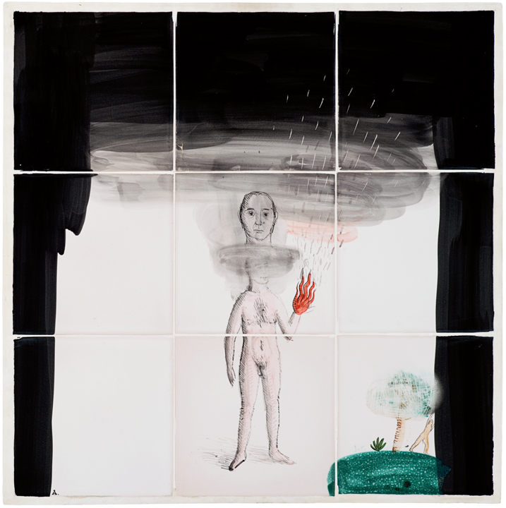 [Alexandro Júlio de Oliveira Cerveny] São Paulo – SP, 1963<br><i> Alex Cerveny Sem título</i><br> pintura sobre azulejos<br>  48 × 48 cm,2004<br> Cortesia Galeria Casa <br>Triângulo, São Paulo - SP