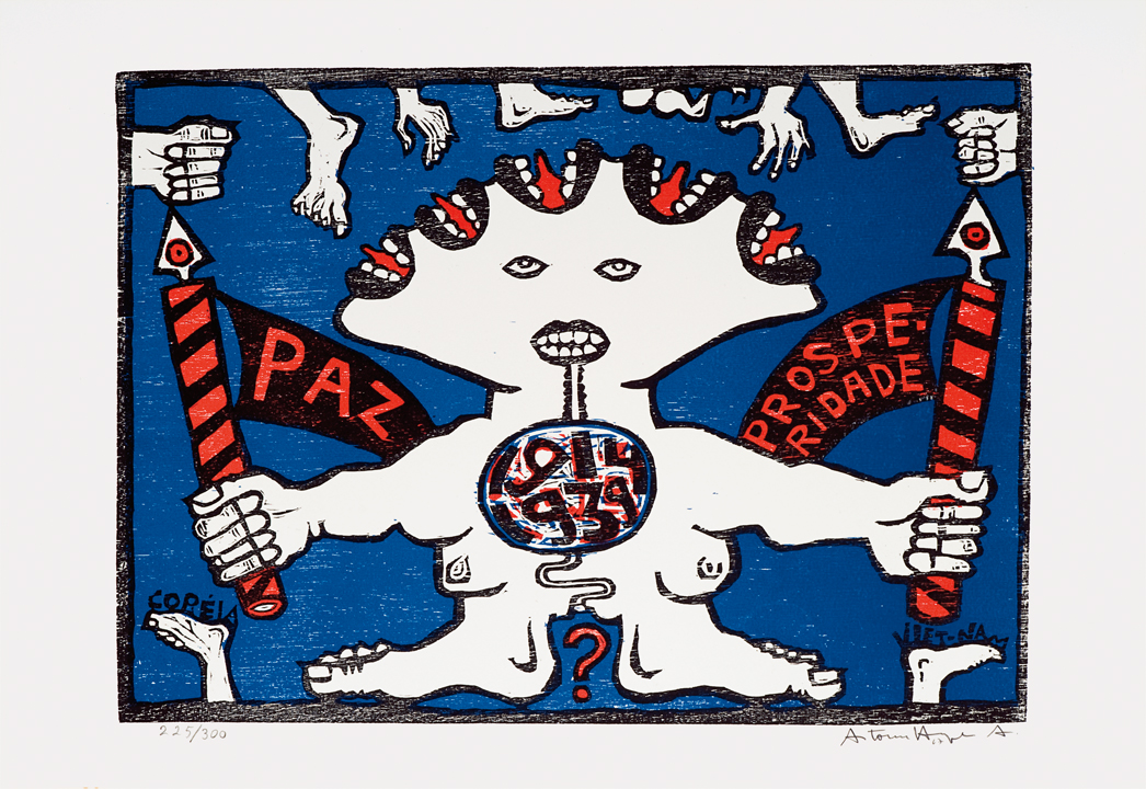 [Antonio Henrique Abreu Amaral] São Paulo – SP, 1935<br><i>Álbum O Meu e o Seu – Impressões de Nosso Tempo Personagem Contemporâneo</i><br> xilogravura em cores<br> 30,6 × 42,5 cm, 1967<br> Acervo Fundação José e Paulina Nemirovsky, São Paulo - SP