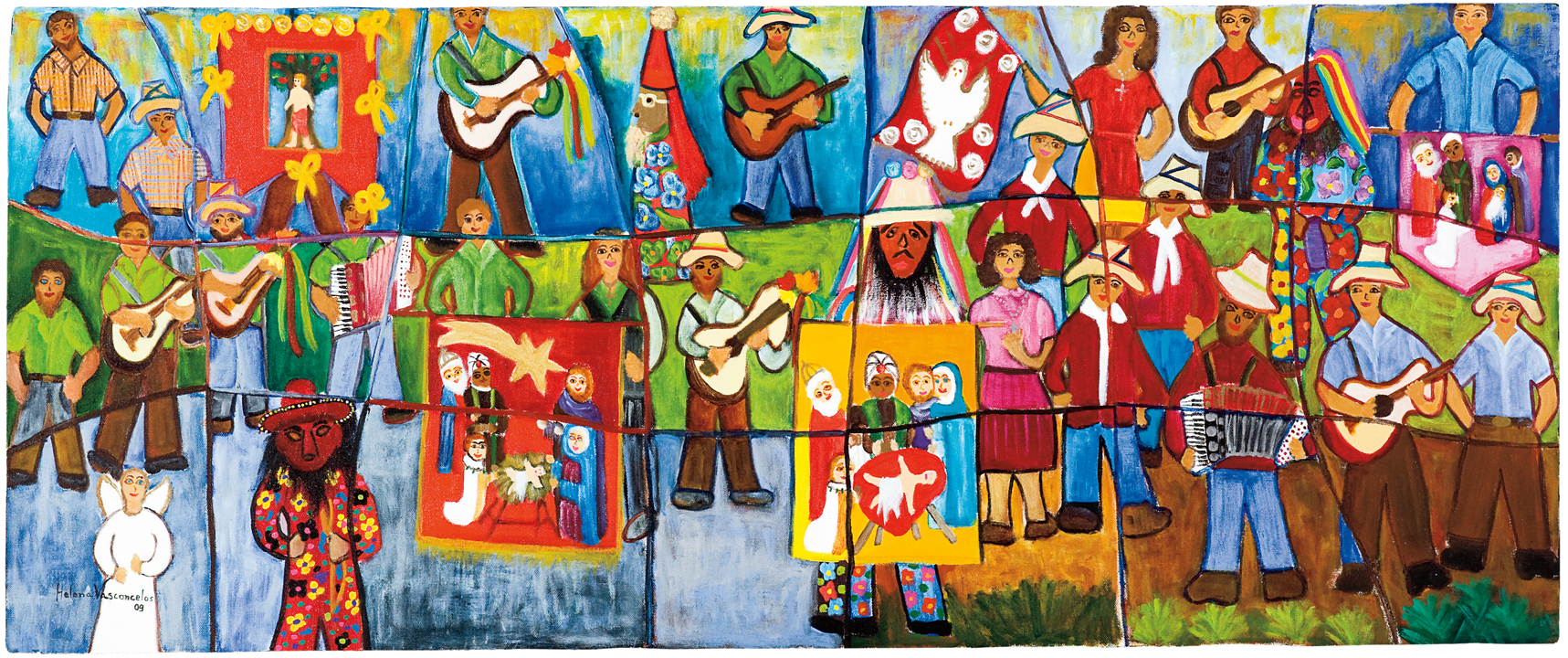 [Helena Maria Boaretto Paula Vasconcelos] Uberaba – MG, 1949<br><i> Encontro de Folias de Reis</i><br> Acrílica sobre tela<br> 50 × 120 cm