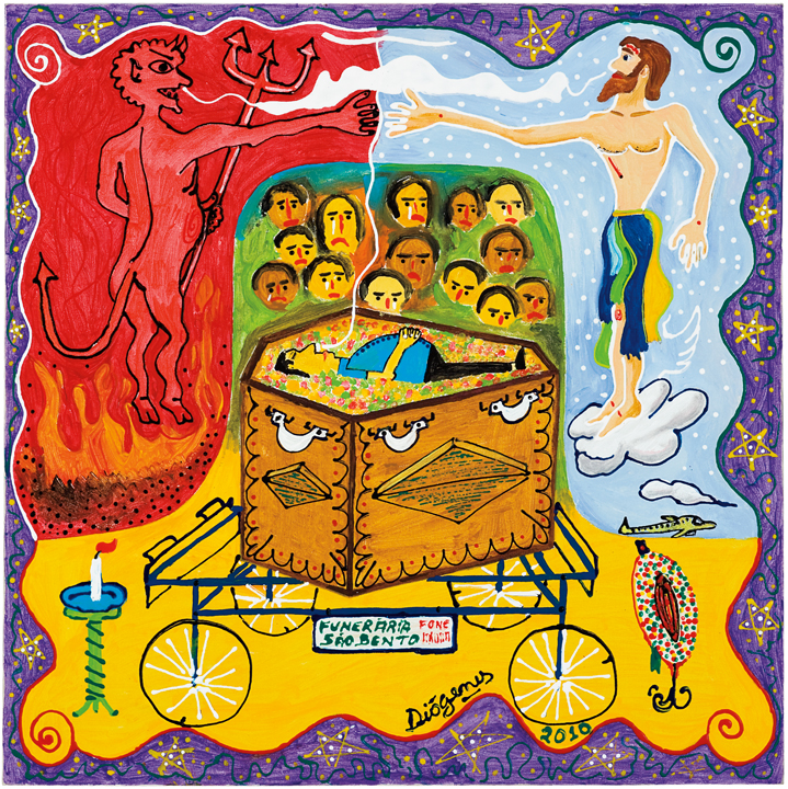 [Diógenes Antonio de Oliveira] Teofilândia – BA, 1959<br><i>Entre O Céu e O Inferno</i><br> Acrílica, cola colorida e verniz sobre tela<br> 50 × 50 cm