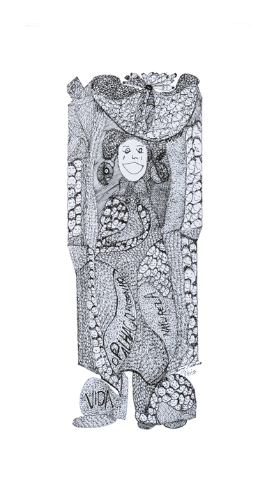 [Joana Baraúna da Silva] Santa Rita – PB<br> <i>Poesia e Vida N° ii</i><br> Nanquim sobre papel<br> 40 × 23 cm