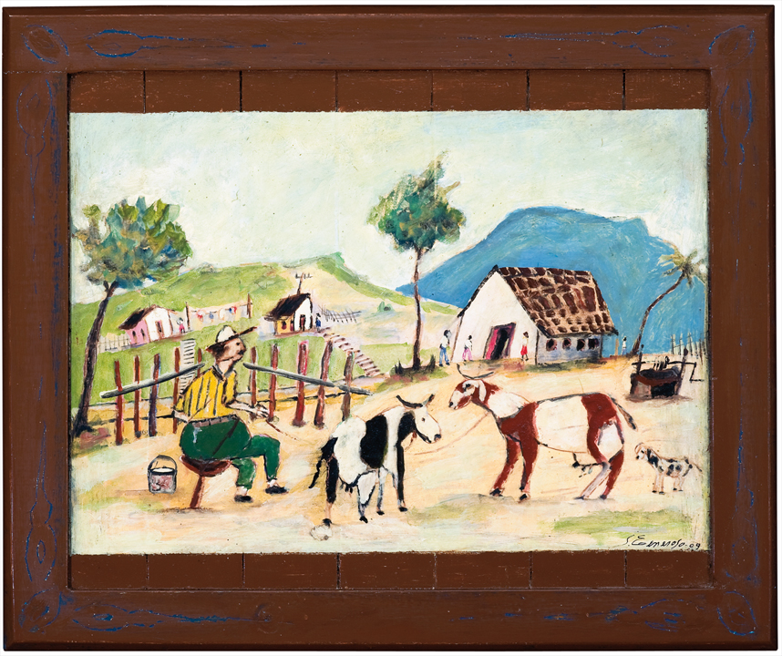 [João Generoso] Tapiraí – SP, 1950<br><i> O Ordenhador de Cabra</i><br> Óleo sobre cartão e madeira<br>47 × 56 cm