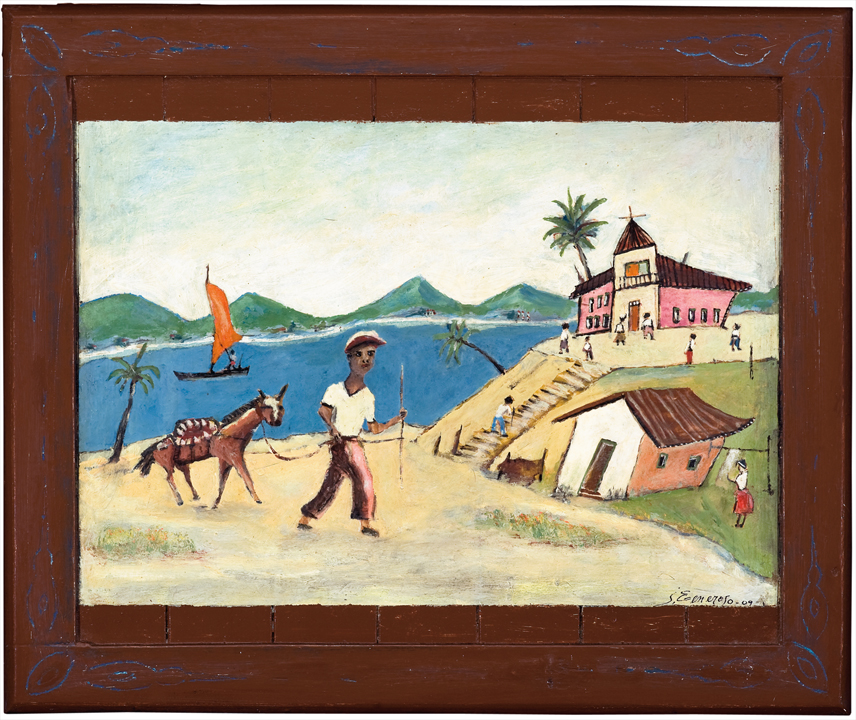 [João Generoso] Tapiraí – SP, 1950<br><i> O Vendedor de Aipin</i><br> Óleo sobre cartão e madeira<br> 47 × 56 cm