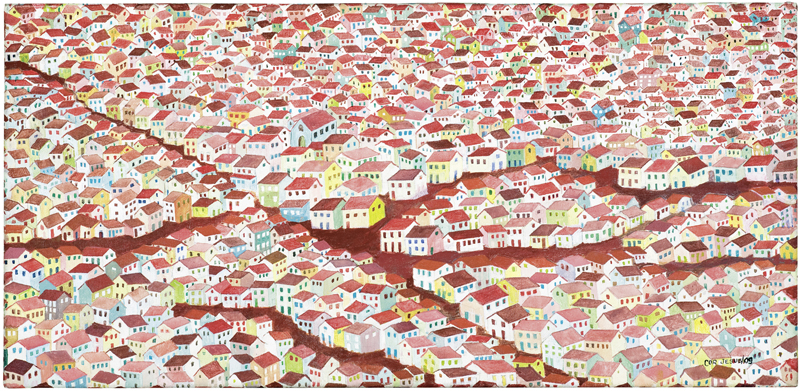 [Cor Jesus de Oliveira Santana] Guaraciaba – MG, 1950<br><i>Vilas Cores</i><br>Acrílica sobre tela<br>34 × 70 cm