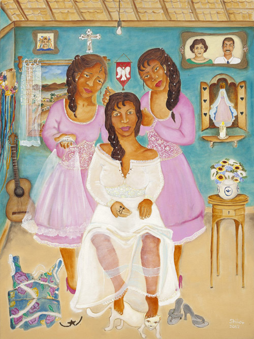 Shila Joaquim[Shirlene Reollo Joaquim Domiciano, Ribeirão Preto, SP, 1965]Casamento da Pastorinha. Acrílica sobre tela, 80×60 cm.