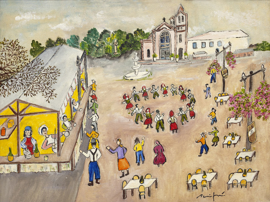 Tahiazé[Maria José Catapano Ferraz de Toledo, São Paulo, SP, 1937]Festa da Polenta. Óleo sobre tela, 32×42 cm.