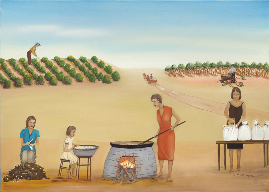 R. Domingues[Rosa Domingues da Silva Neto, Mossâmedes, GO, 1949]Fazendo Farinha. Óleo sobre tela, 50×70 cm.