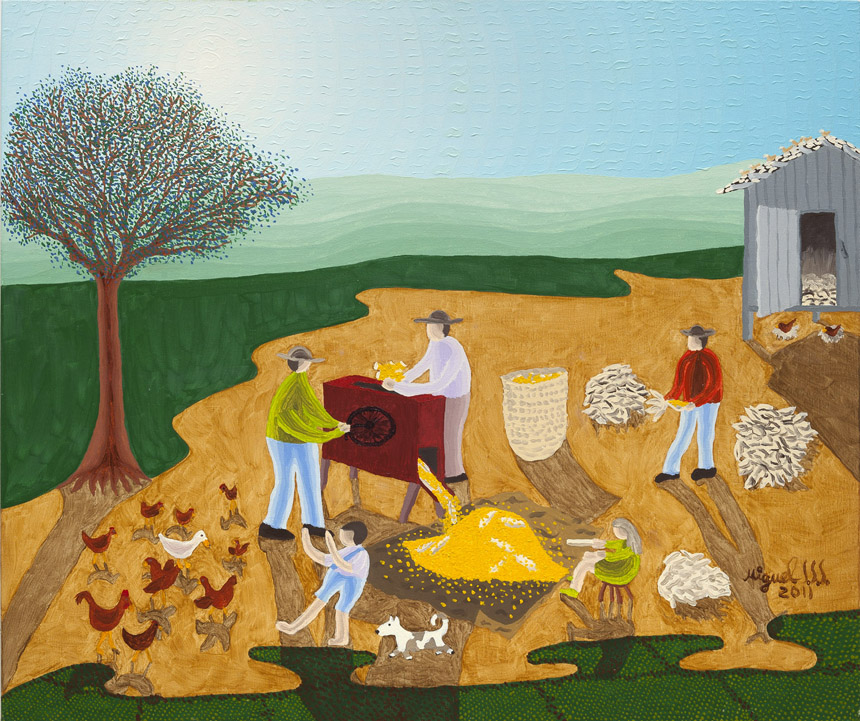 Miguel S.S.S[Miguel Sampaio de Souza e Silva, Marília, SP, 1944]Debulhando Milho. Óleo sobre tela, 50×60 cm.